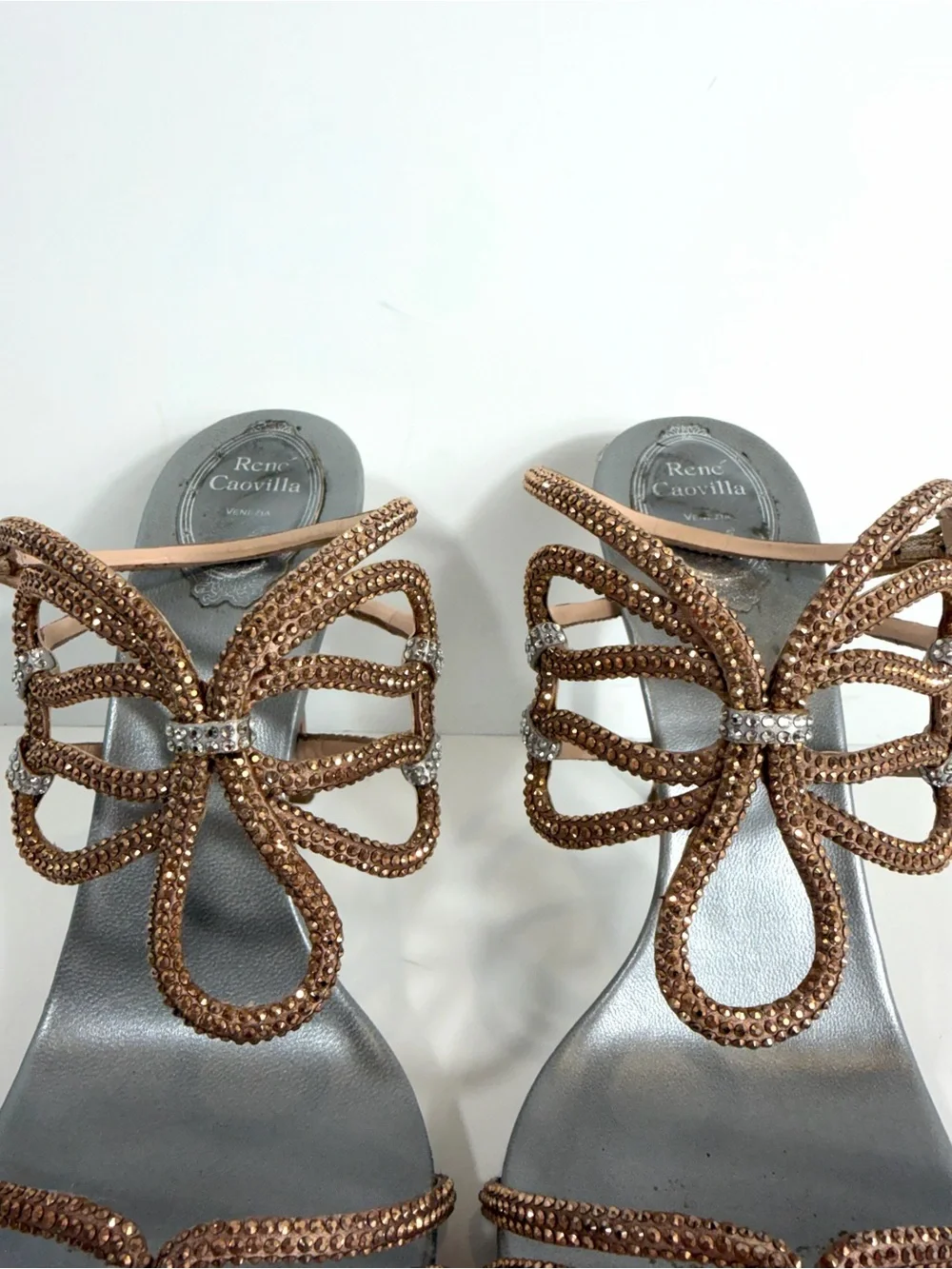 René Caovilla Crystal Butterfly Sandals 40.5 Rose Gold Gray Stiletto Heels Made